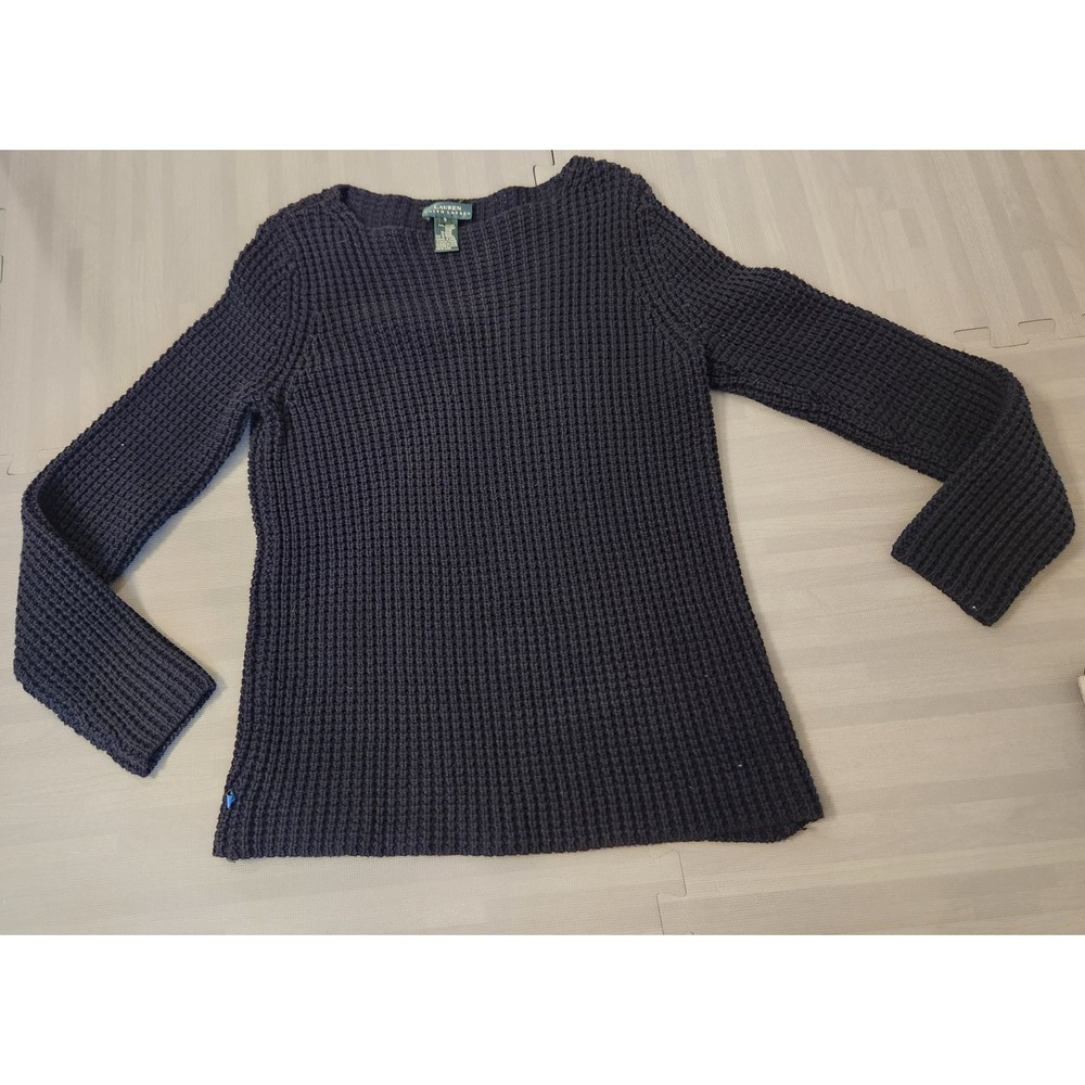 Ralph Lauren Navy Blue Black Waffle Knit Cotton Sweater Womens Small Pullover